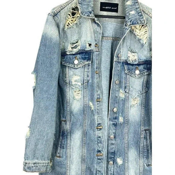 Mustard Seed Women L Destructed Denim Blue Jacket Long Jean Button Up Biker R4 - Picture 6 of 12